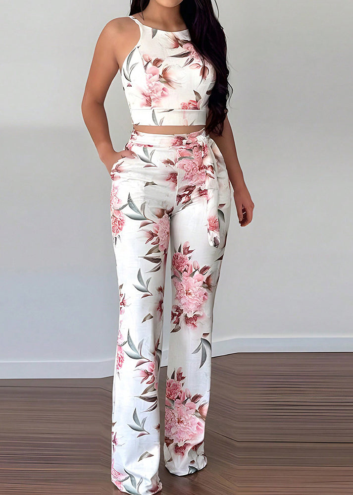 Slim Fit Pink Print Lace Up Tank and Pants Cotton Two Pieces Set Sleeveless