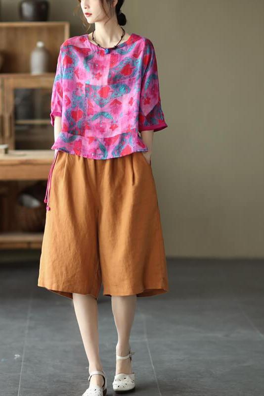 Print Ramie Loose Cinched T-shirt
