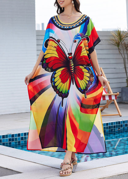 Rainbow Butterfly Print Side Open Maxi Dress Summer