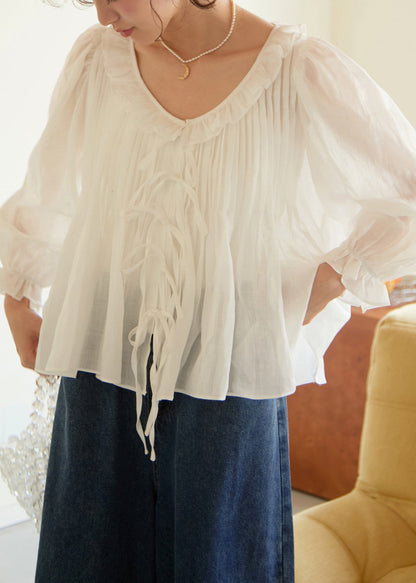 White Ruffled Patchwork Linen Shirts Lantern Sleeve