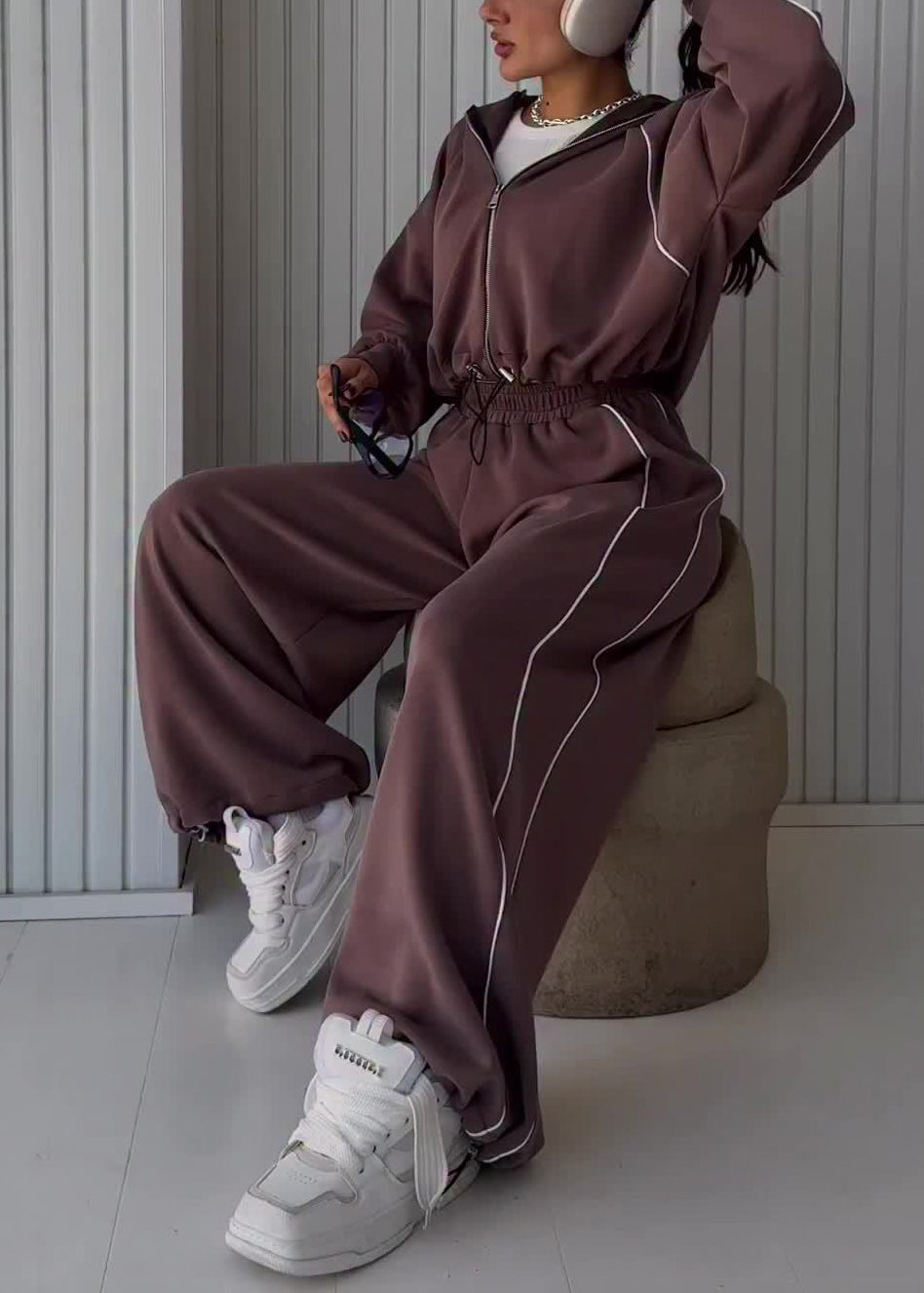 Coffee Hooded Drawstring Coat and Pants Cotton Two Piece Set Fall