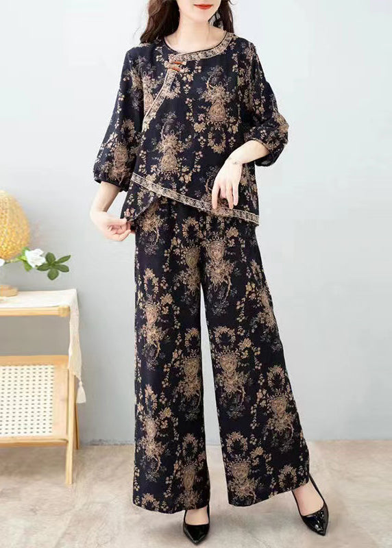 French Red Print Tops and Pants Cotton Two Pieces Set Half Sleeve