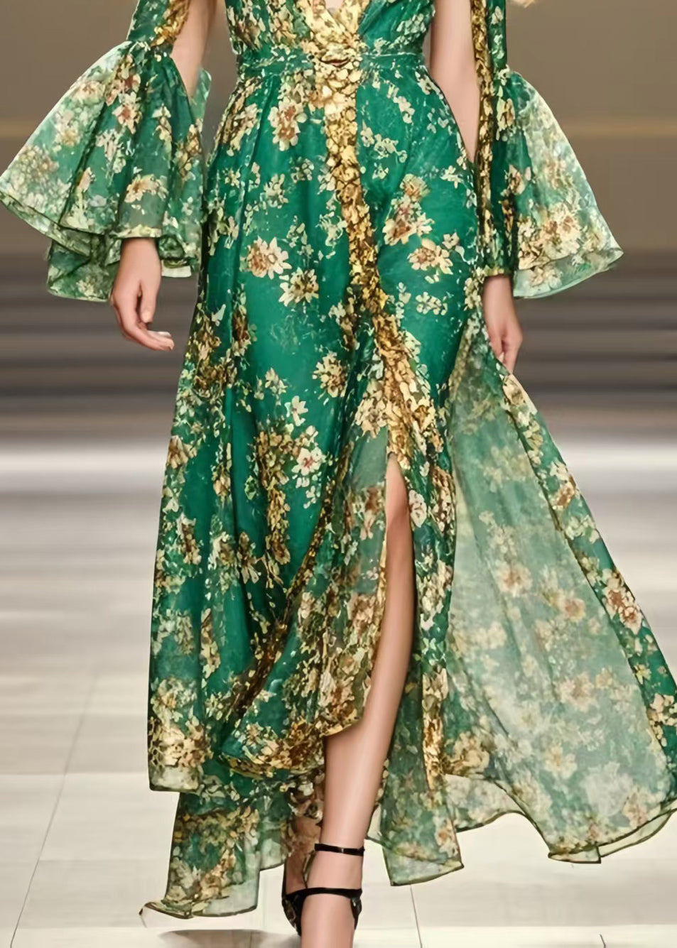 Green Deep-v Neck Print Chiffon Party Dresses Flare Sleeve