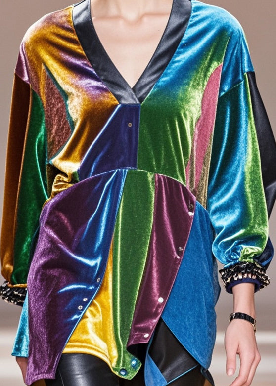 Diy Multicolour Asymmetrical Patchwork Silk Velour Shirt Tops Fall