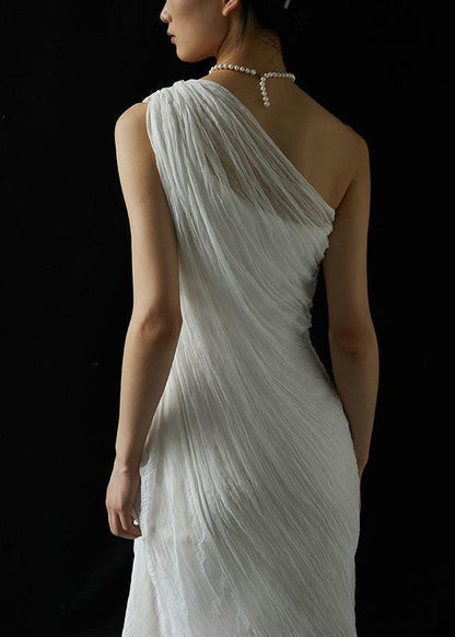 Art White Cold Shoulder Wrinkled Silk Maxi Dress Summer