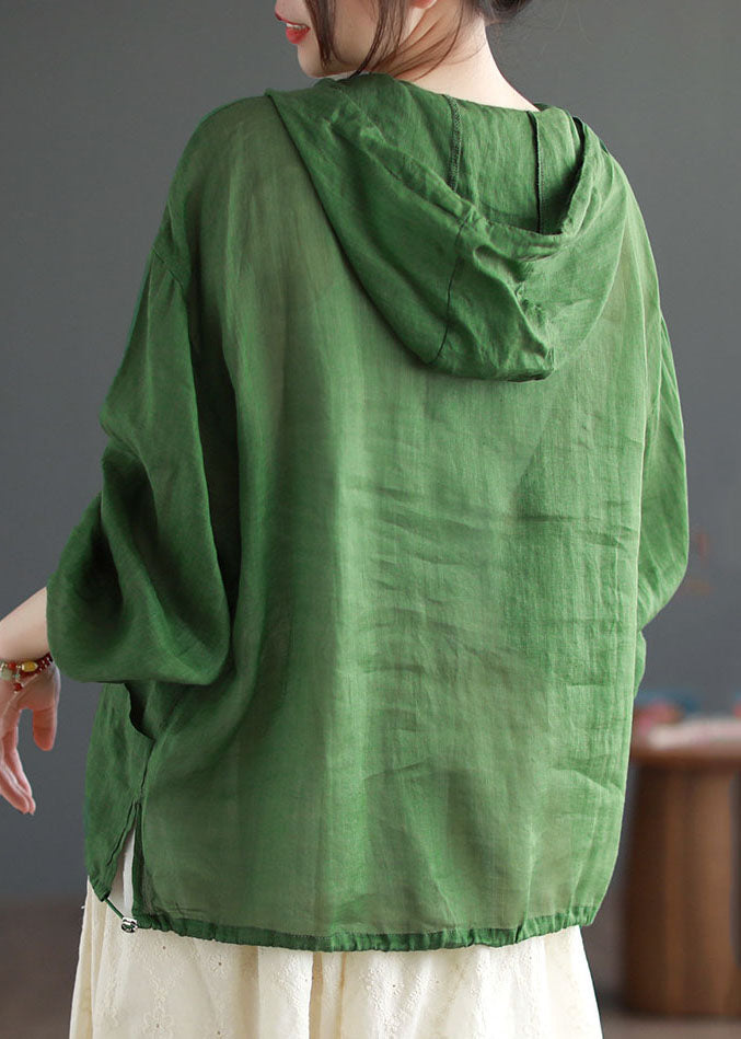 Green Hooded Pockets Patchwork Linen Thin Coat Summer
