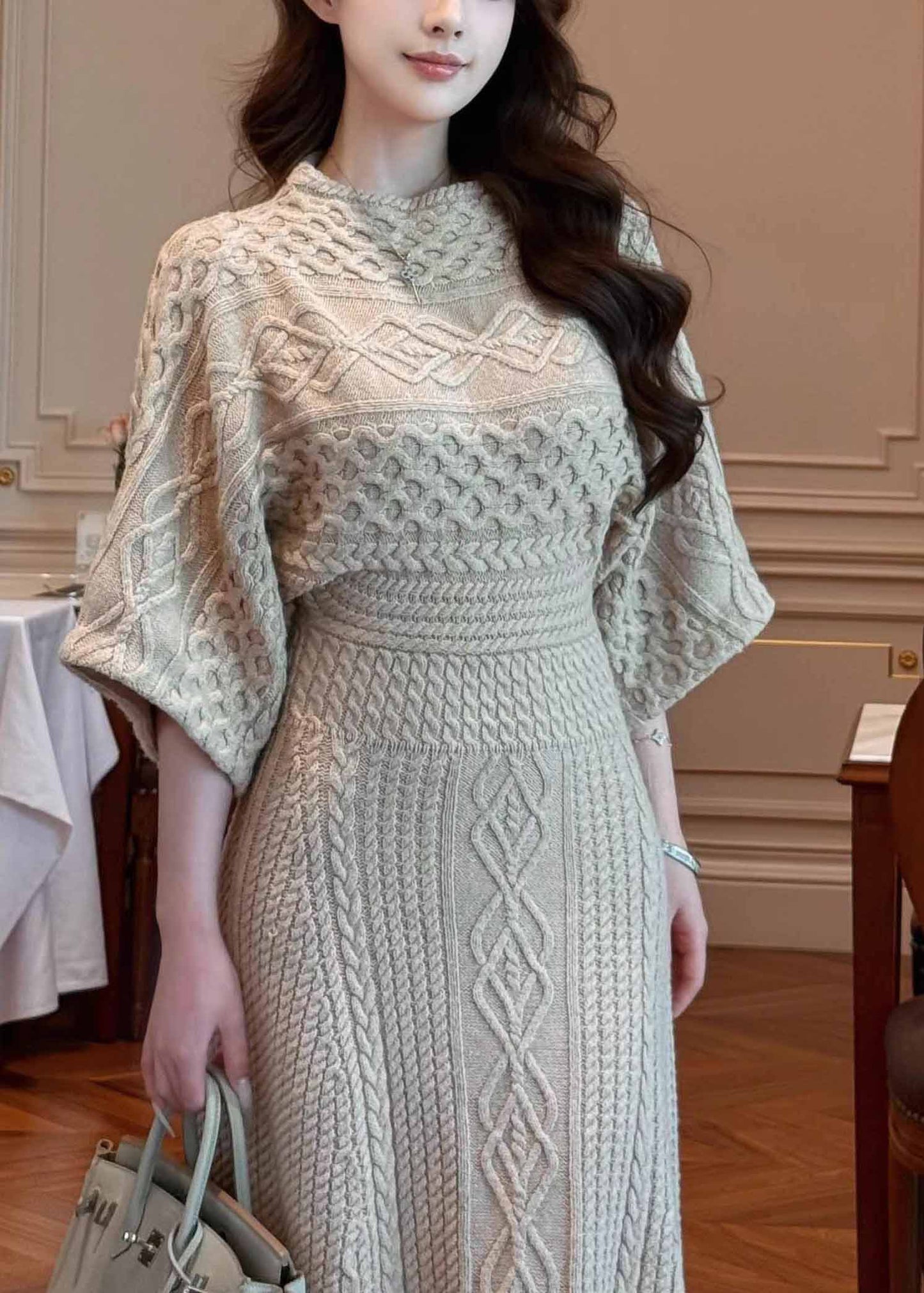 Unique Khaki O-neck Slim Fit Knit Long Dresses Spring