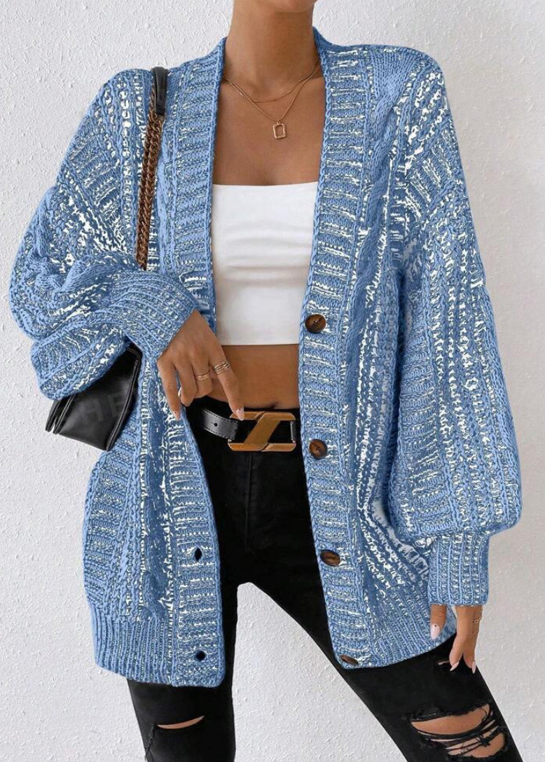 Black V Neck Button Loose Knit Cardigan Fall