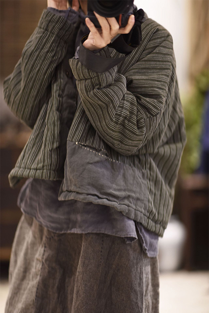 New Retro Linen Striped Stitching Cardigan Cotton Jacket