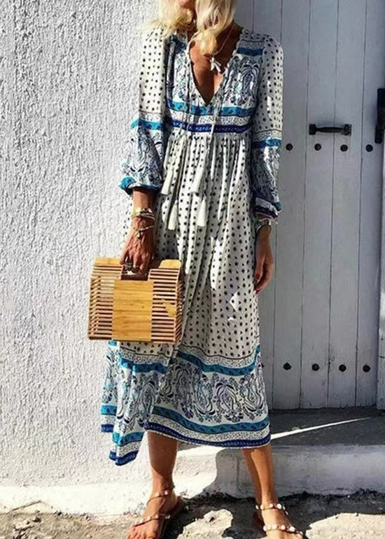 Red V Neck Print Lace Up Cotton Long Dresses Spring