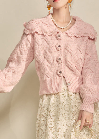 Pink Peter Pan Collar Cotton Knit Cardigans Lantern Sleeve