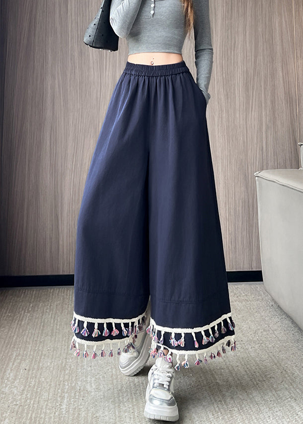 Navy Tasseled Cotton Wide Leg Pants Trousers Fall