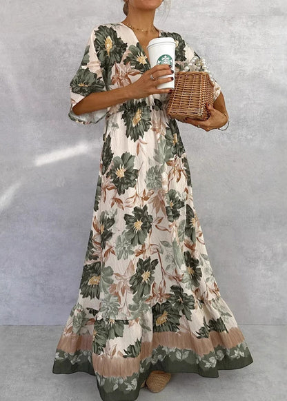 Green V Neck Print Cotton Maxi Dresses Butterfly Sleeve
