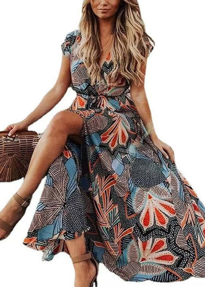 Red V Neck Print Side Open Cotton Long Dress Summer