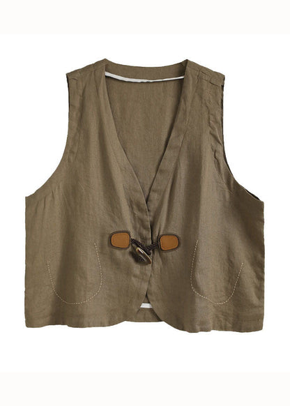 Khaki V Neck Button Patchwork Linen Vest Sleeveless
