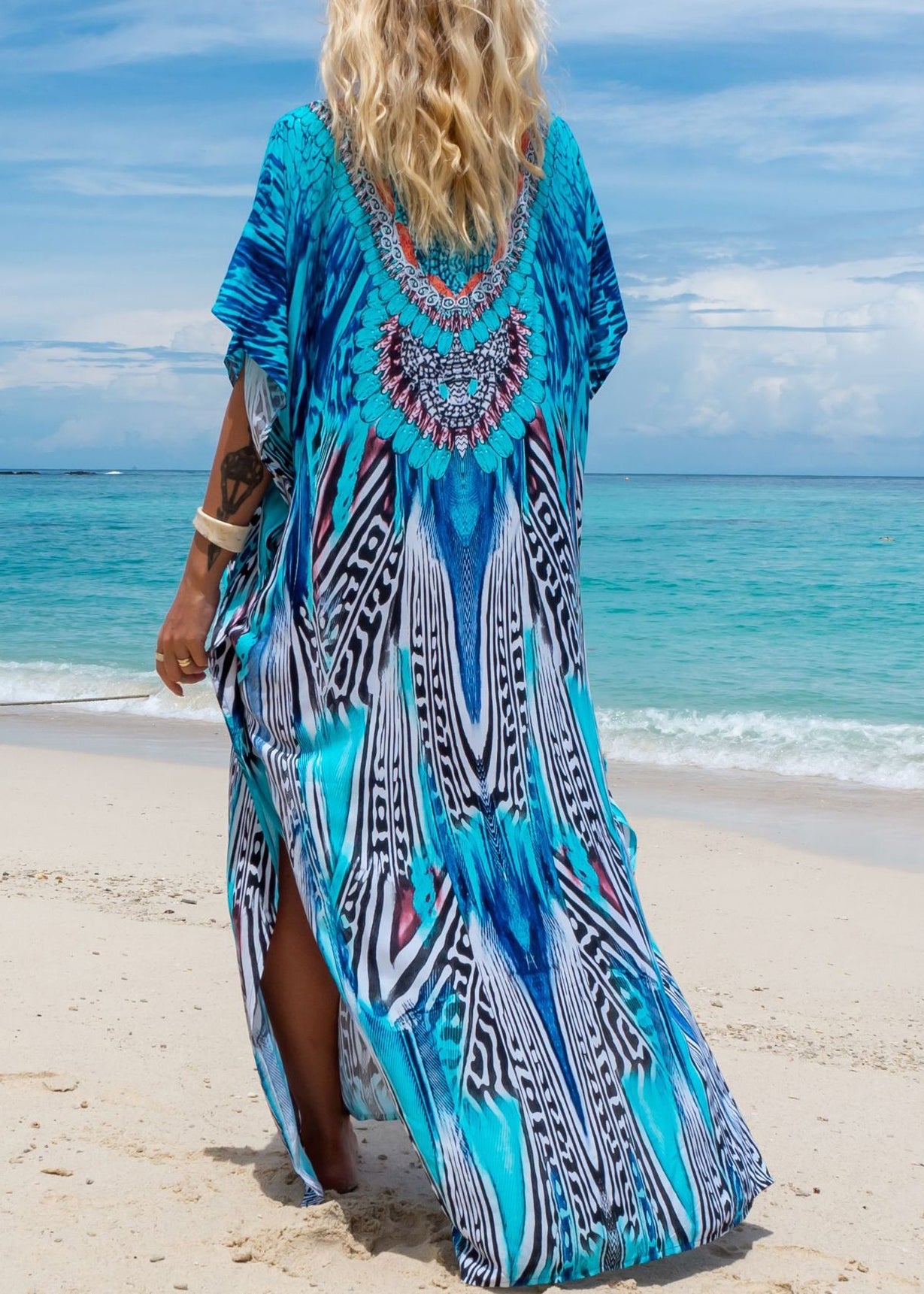 Style Blue V Neck Print Side Open Cotton Long Dress Summer