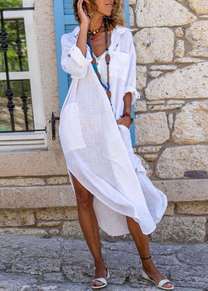 Simple White Peter Pan Collar Side Open Holiday Long Dress Fall