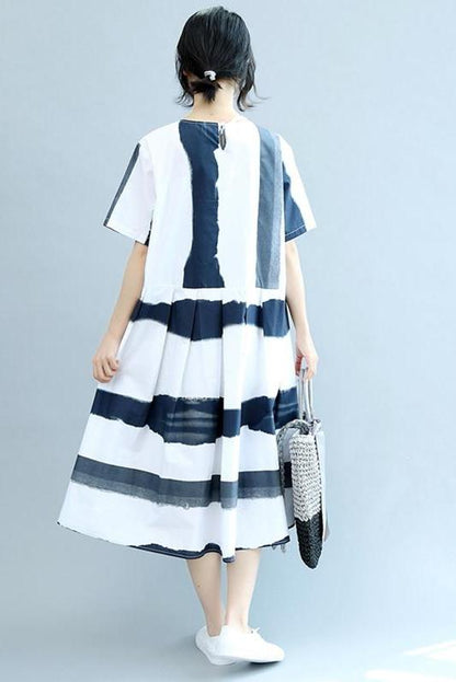 Round Neck Blue White Wide Stripe Summer Chiffon Loose Fitting Dresses