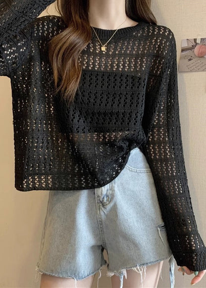 Black Hollow Out Knit T Shirts O Neck Long Sleeve