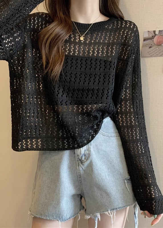 Black Hollow Out Knit T Shirts O Neck Long Sleeve