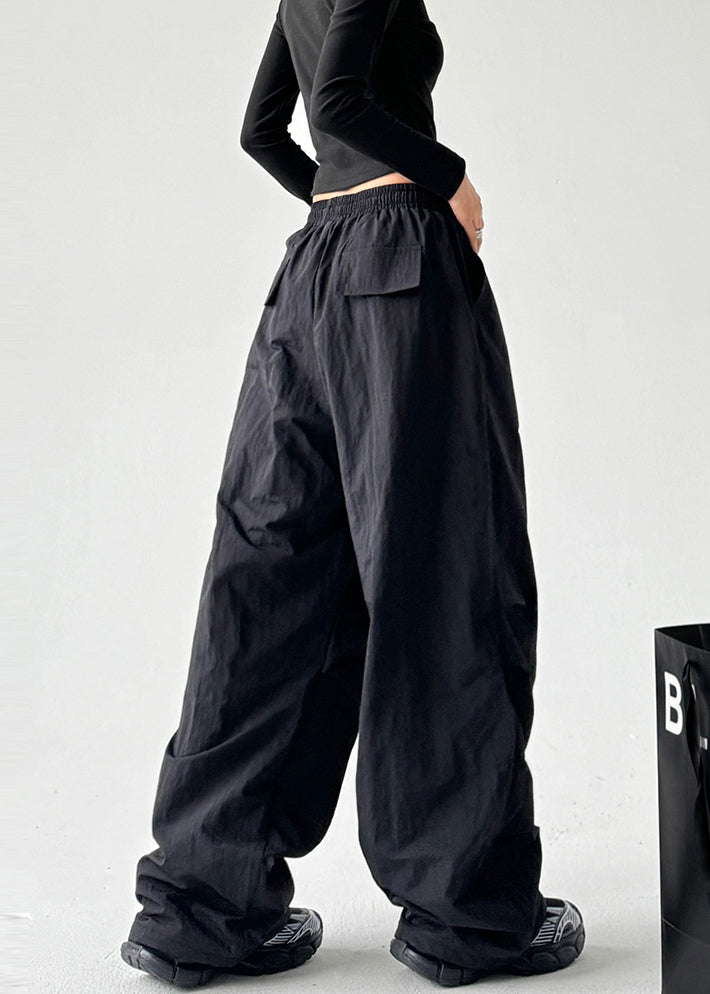 Black Oversized Elastic Waist Cotton Pants Spring