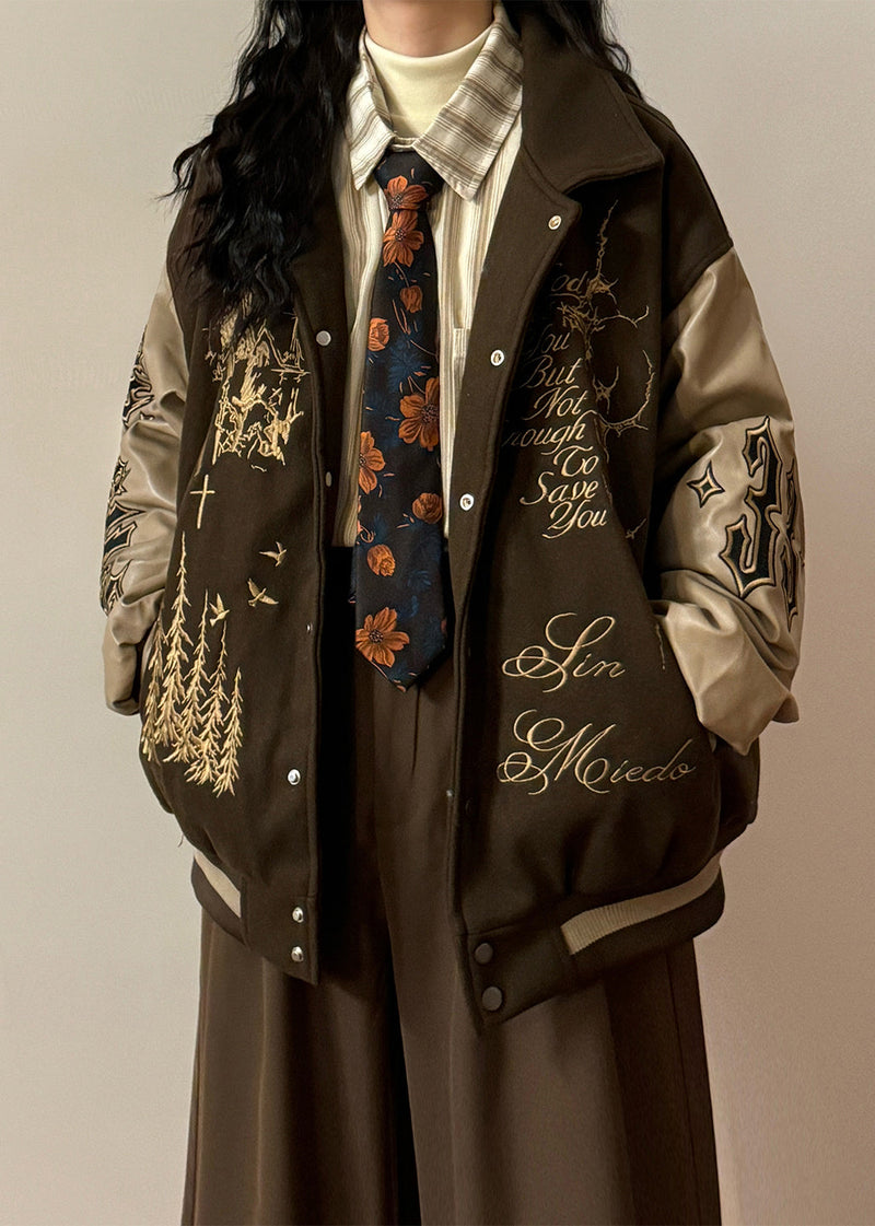 Coffee Embroidered Faux Leather Patchwork Cotton Filled Parkas Winter