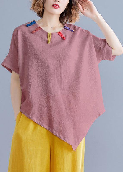 French O Neck Asymmetric Linen Cotton Tunic Top Brown Cotton Top Summer