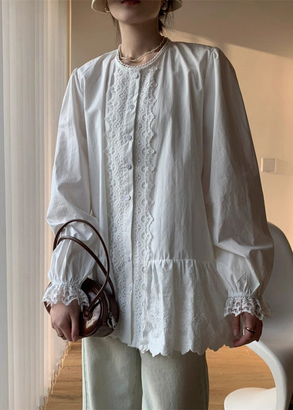 White Lace Button Cotton Shirt Fall