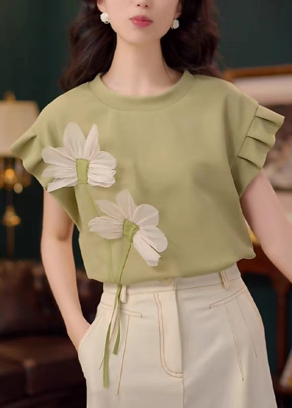 Green Patchwork Cotton Summer T Shirt O Neck