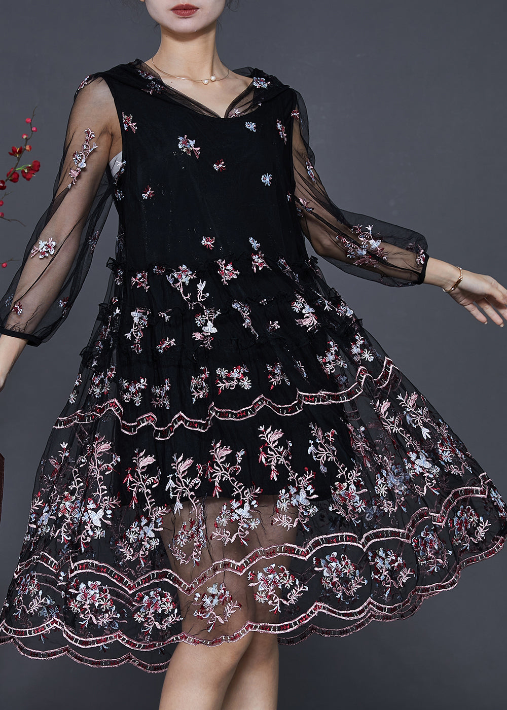 Black Embroidered Tulle Beach Dresses Summer