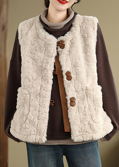 Khaki Button Pockets Teddy Faux Fur Waistcoat Sleeveless