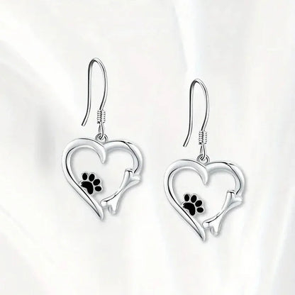 Silver Drop Earrings With Heart & Paw Design