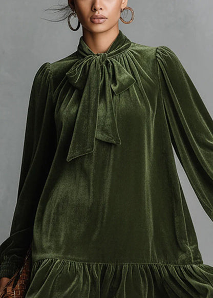 Loose Green Bow Wrinkled Silk Velvet Mid Dress Spring