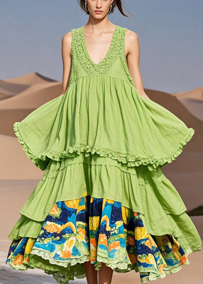 Grass Green Ruffled Patchwork Cotton Dress Summer