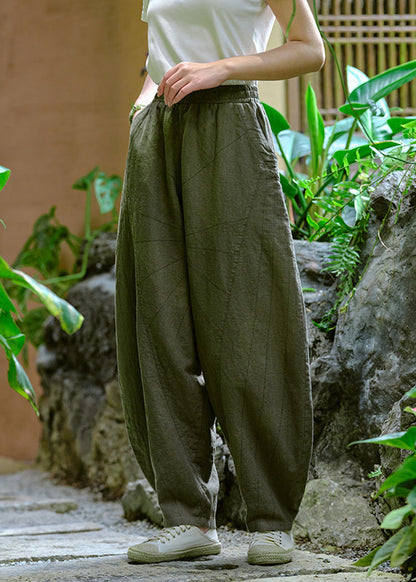 Simple Yellow Pockets Elastic Waist Linen Pants Summer