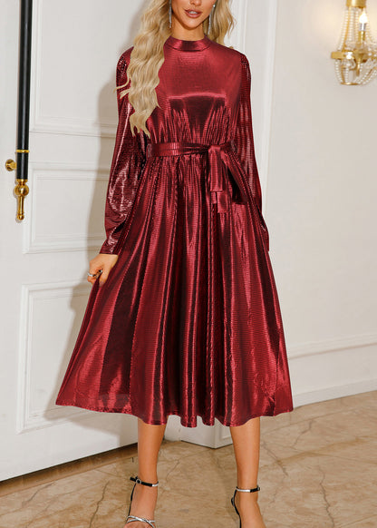 Mulberry Stand Collar Tie Waist Silk Party Dress Fall