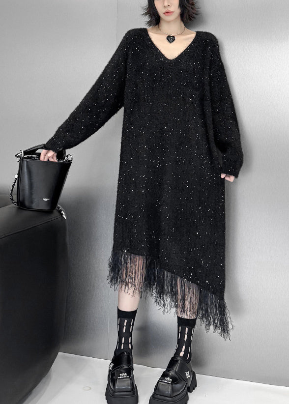 Black Asymmetrical Tulle Patchwork Sequins Cotton Knit Sweater Dress Fall