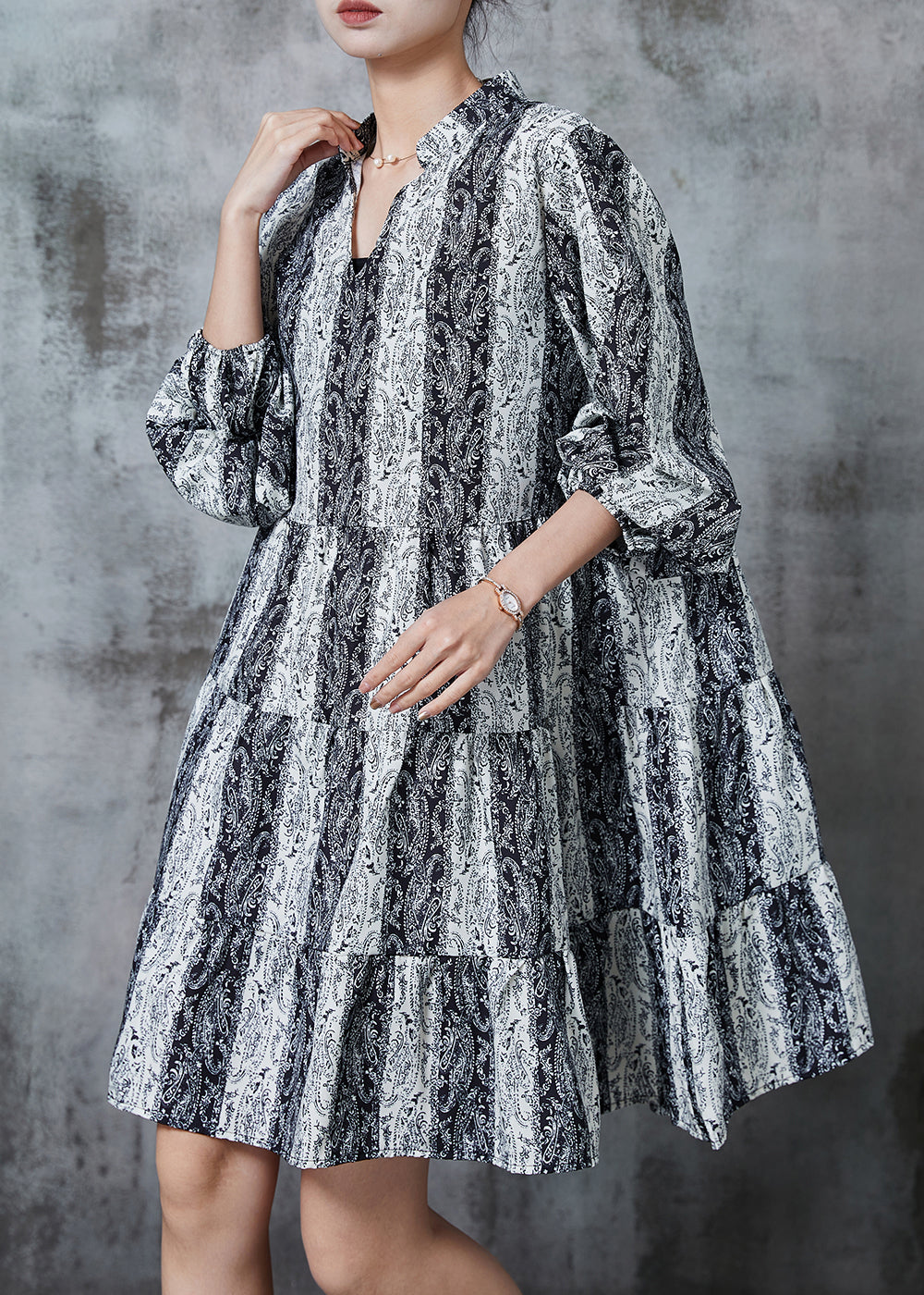 Grey V Neck Print Chiffon Mid Dresses Summer