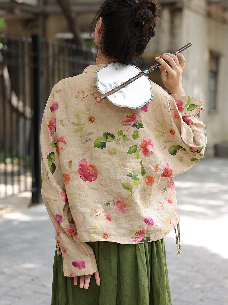 Flower Button-up Ramie Loose Shirt