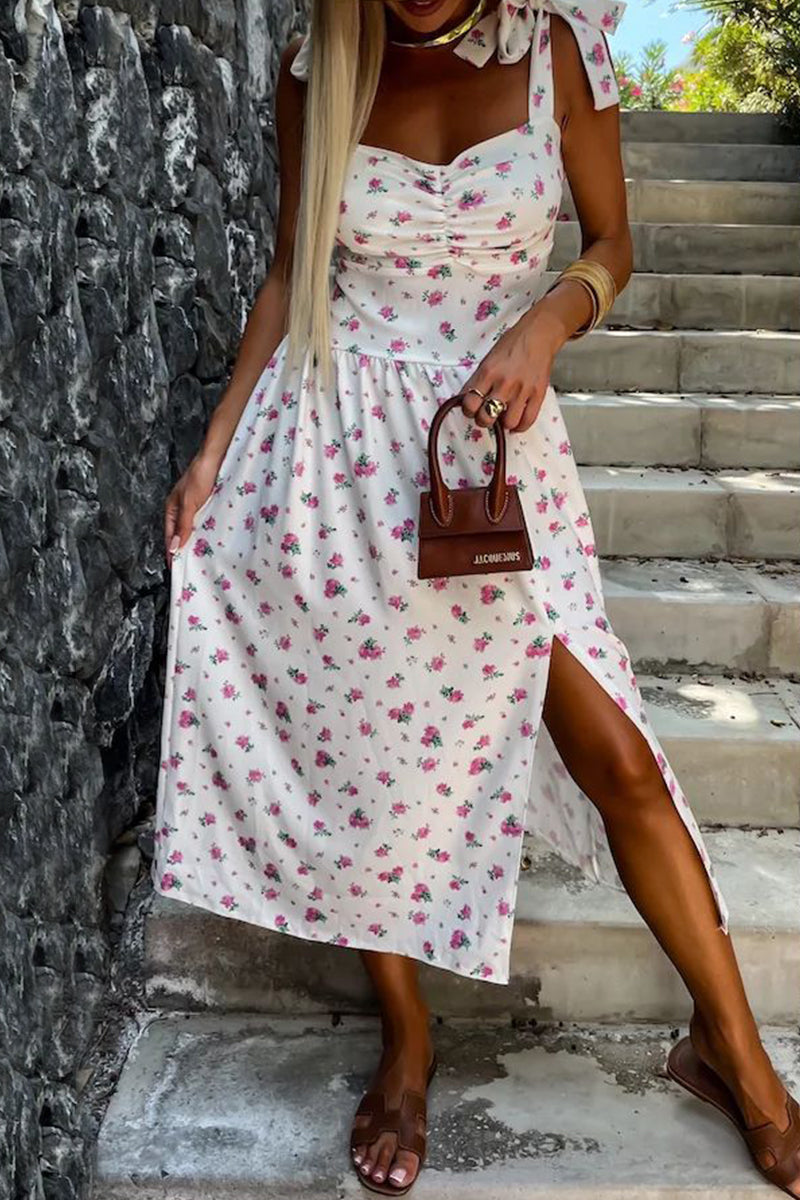 Color Print Backless Slit Belted Spaghetti Strap Sleeveless Dresses(7 Colors)