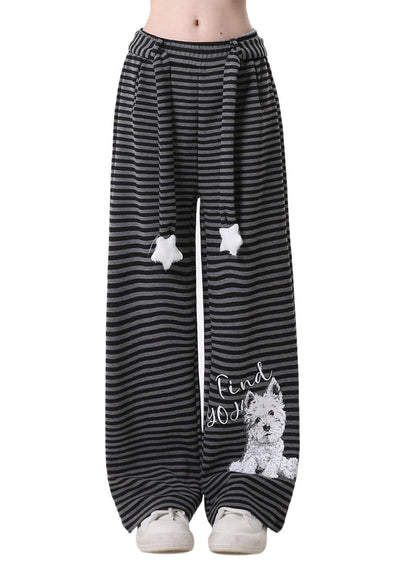 Grey Striped Animal Print Cotton Pants Spring