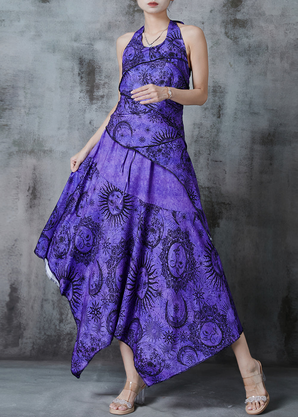 Purple Asymmetrical Print Cotton Halter Dress Summer