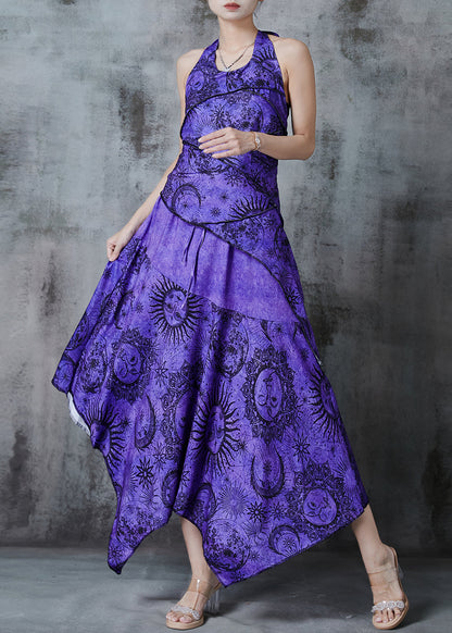 Purple Asymmetrical Print Cotton Halter Dress Summer
