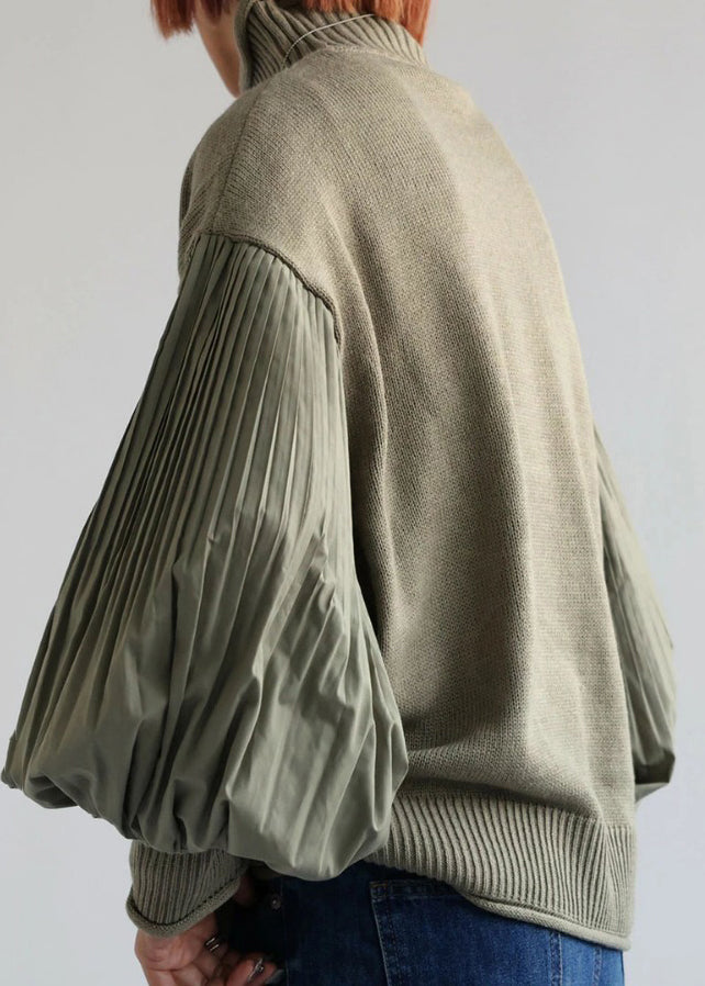 Army Green Hign Neck Wrinkled Patchwork Knitted Tops Lantern Sleeve
