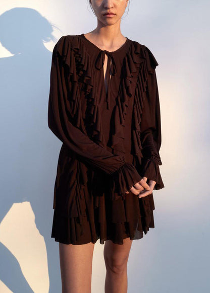 Chocolate Ruffled Lace Up Cotton Mini Dress Butterfly Sleeve