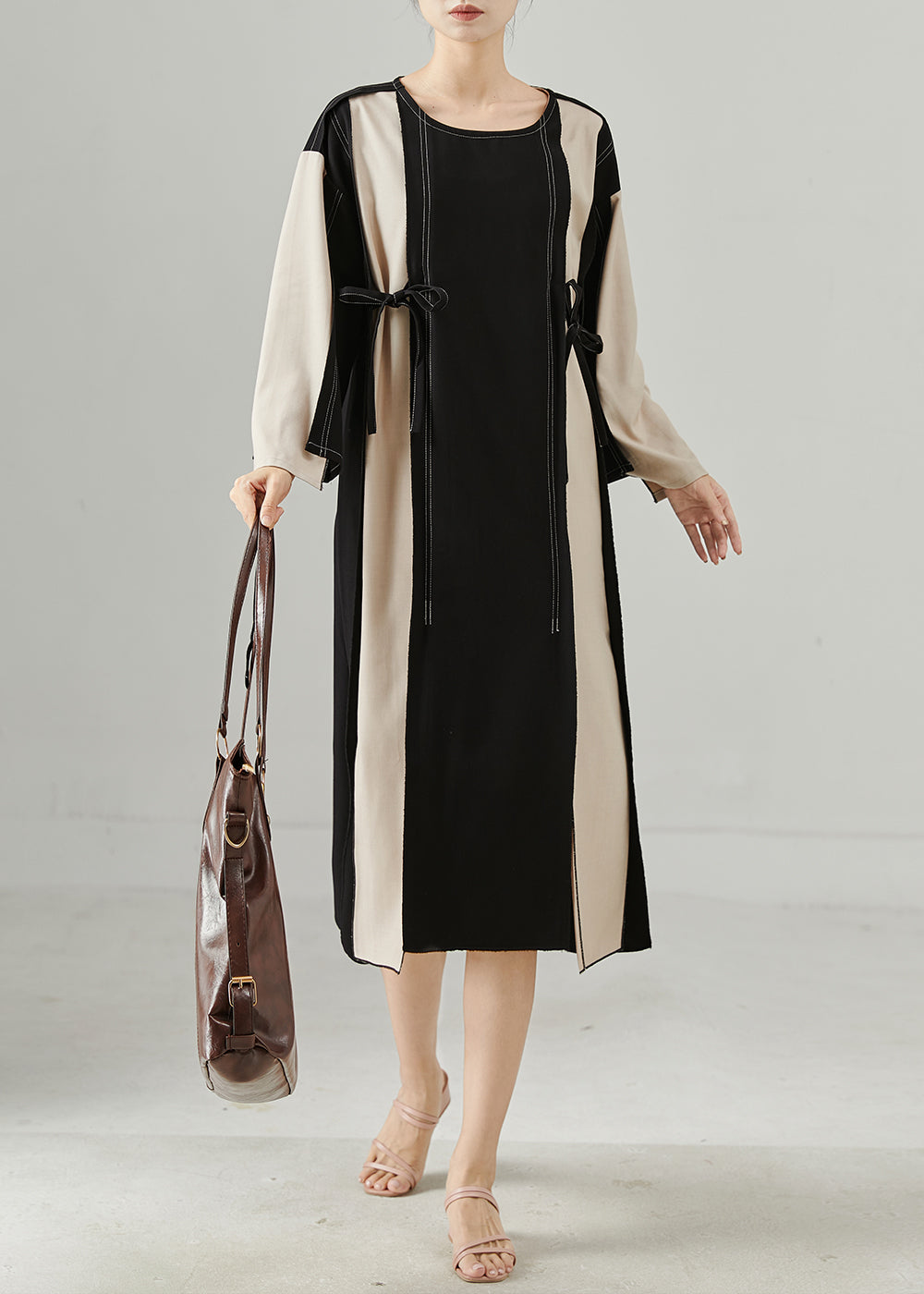 Stylish Colorblock Oversized Patchwork Lace Up Cotton Dress Fall