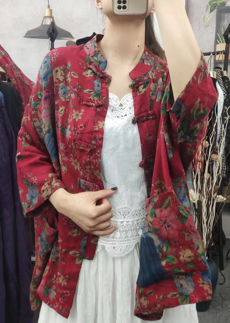 Modern Red Stand Collar Print Button Pockets Cotton Coats Long Sleeve