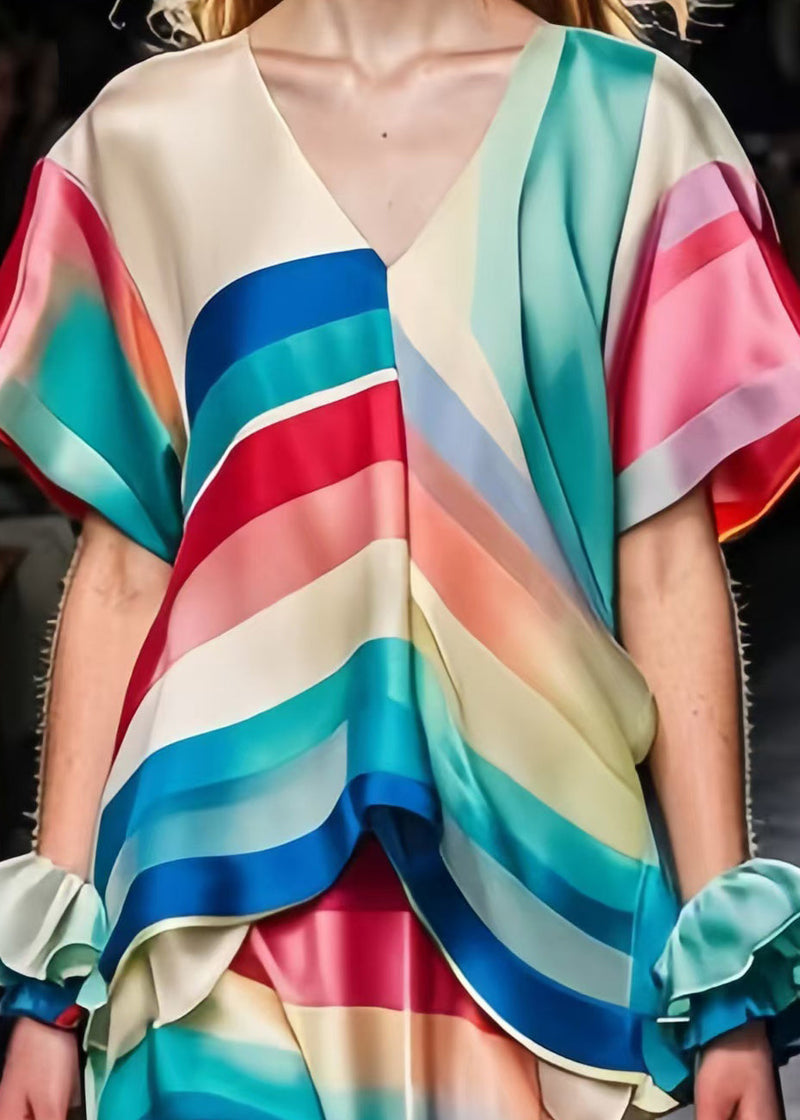 Rainbow V Neck Silm Fit Silk Long Dress Summer