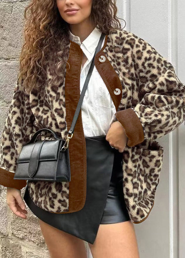 Stylish Leopard O Neck Pockets Fleece Wool Lined Jacket Fall