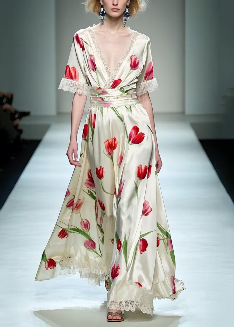 White Print Patchwork Lace Long Dress Summer